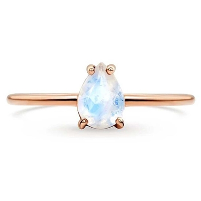 14K Rose Gold Pear Cut Perhiasan Moonstone Mungil Sederhana Cincin Batu Bulan