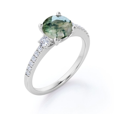 Bentuk Bulat Alami Transparan Dendritic Moss Green Agate Dan Moissanite 3-Stone Engagement Ring