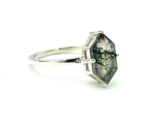 Hexagon Moss Agate Ring dengan Berlian Sebagai Hadiah Cincin Pertunangan Wanita