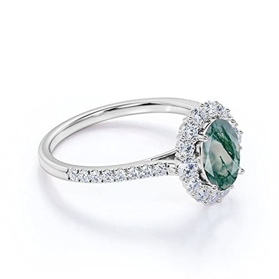 Oval Moss Agate Moissanite Diamonds Floral Halo Cincin Pertunangan Batu Permata Hijau