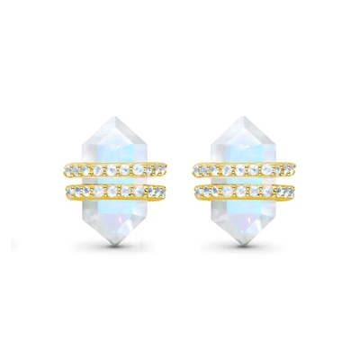 925 Sterling Silver Batu Alam Perhiasan Hexagon Cut Blue Rainbow Moonstone Stud Earrings