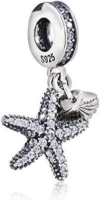 Bintang Laut Tropis &amp; Pesona Gantung Kerang Laut - Manik-manik Perak Sterling 925 - Gelang Mantra Manik Gaya Eropa