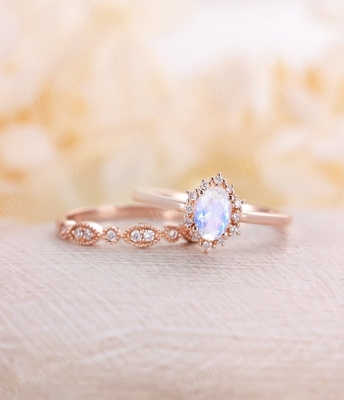 14K Rose Gold Blue Natural Moonstone Ring Set Susun Moonstone Rings