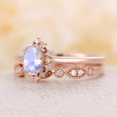 14K Rose Gold Blue Natural Moonstone Ring Set Susun Moonstone Rings