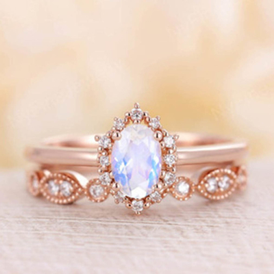 14K Rose Gold Blue Natural Moonstone Ring Set Susun Moonstone Rings