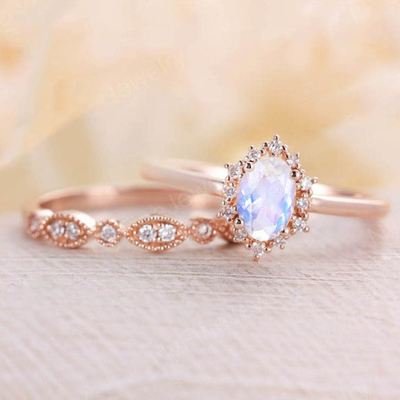 14K Rose Gold Blue Natural Moonstone Ring Set Susun Moonstone Rings