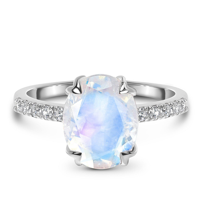 14K Emas Putih Oval Cut Moonstone Dengan Cincin CZ Cincin Ulang Tahun Wanita Pertunangan