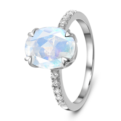 14K Emas Putih Oval Cut Moonstone Dengan Cincin CZ Cincin Ulang Tahun Wanita Pertunangan