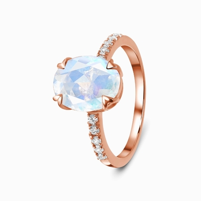 14K Emas Putih Oval Cut Moonstone Dengan Cincin CZ Cincin Ulang Tahun Wanita Pertunangan