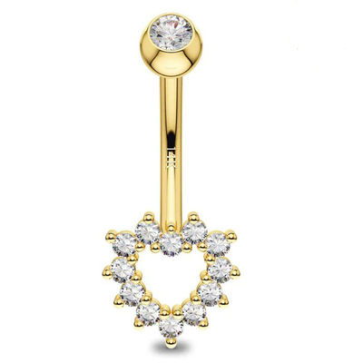 Perhiasan Tubuh Emas 14K Berongga Hati CZ Cincin Pusar 14G Cincin Pusar