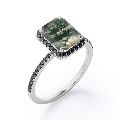 Halo-style Emerald Cut Moss Green Agate Dengan Lab Membuat Cincin Pertunangan Berlian Hitam Dengan Aksen Pave