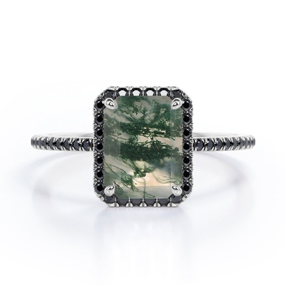 Halo-style Emerald Cut Moss Green Agate Dengan Lab Membuat Cincin Pertunangan Berlian Hitam Dengan Aksen Pave