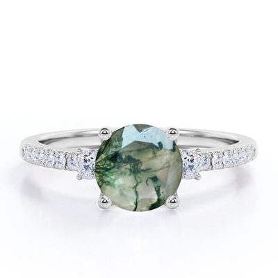 Bentuk Bulat Alami Transparan Dendritic Moss Green Agate Dan Moissanite 3-Stone Engagement Ring