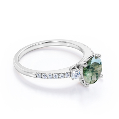 Bentuk Bulat Alami Transparan Dendritic Moss Green Agate Dan Moissanite 3-Stone Engagement Ring