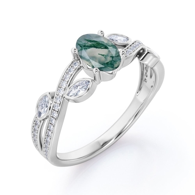 Klasik 7 Batu 1.1 karat Oval Cut Moss Green Agate dan Diamond Plain Shank Wedding Ring di White Gold
