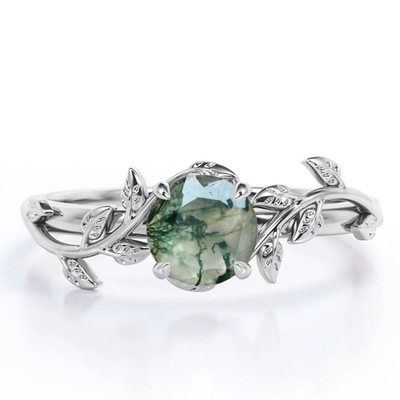 Klasik 7 Batu 1.1 karat Oval Cut Moss Green Agate dan Diamond Plain Shank Wedding Ring di White Gold