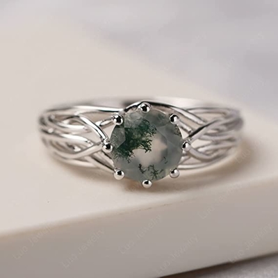 Klasik 7 Batu 1.1 karat Oval Cut Moss Green Agate dan Diamond Plain Shank Wedding Ring di White Gold