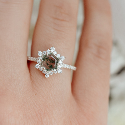 Snowflake Hexagon Moss Agate Ring dengan Moissanites untuk Wanita