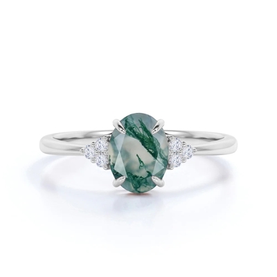Hexagon Moss Agate Ring dengan Berlian Sebagai Hadiah Cincin Pertunangan Wanita