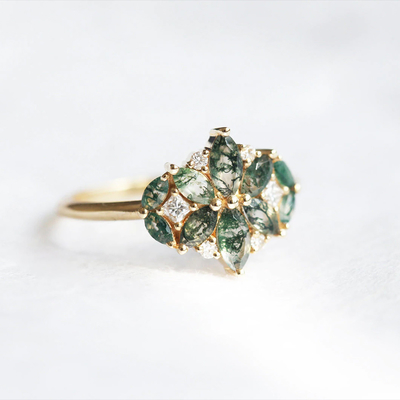 Alami Moss Batu Akik Bunga Bentuk Marquise Blossom Diamond Cincin Pernikahan Cluster