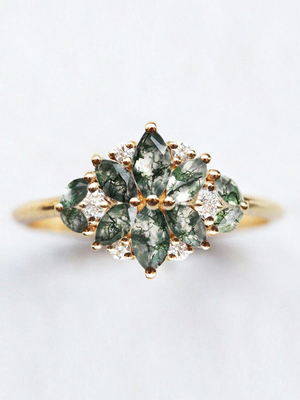 Alami Moss Batu Akik Bunga Bentuk Marquise Blossom Diamond Cincin Pernikahan Cluster