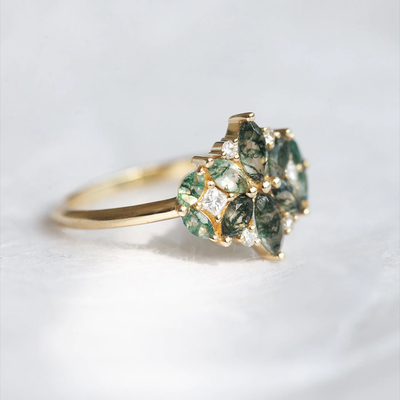 Layang-layang Bentuk Batu Lumut Alami Batu Akik Cincin Pertunangan Vintage Art Deco Hadiah Cinta
