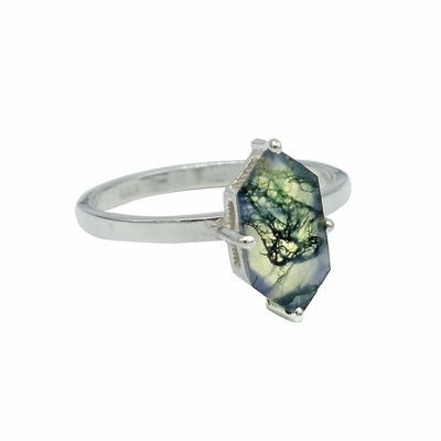 Hexagon Moss Agate Ring dengan Berlian Sebagai Hadiah Cincin Pertunangan Wanita
