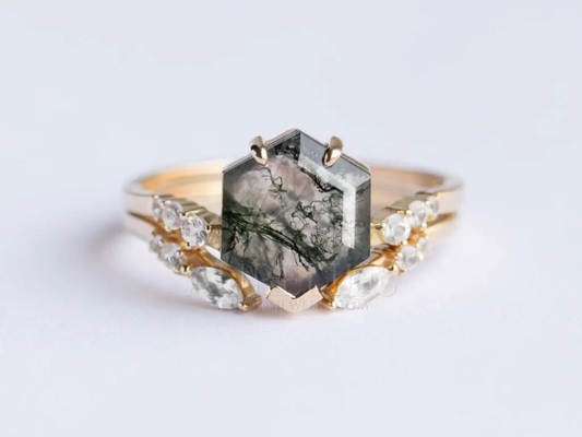 Layang-layang Bentuk Batu Lumut Alami Batu Akik Cincin Pertunangan Vintage Art Deco Hadiah Cinta