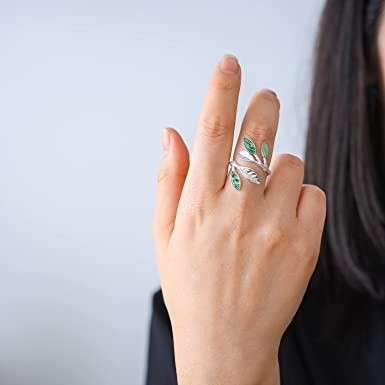 925 Sterling Silver Bentuk Marquise Jade Aventurine Daun Terbuka Cincin Daun Zaitun Cincin Perhiasan Buatan Tangan Hadiah Unik untuk Wo