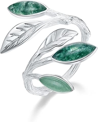 925 Sterling Silver Bentuk Marquise Jade Aventurine Daun Terbuka Cincin Daun Zaitun Cincin Perhiasan Buatan Tangan Hadiah Unik untuk Wo
