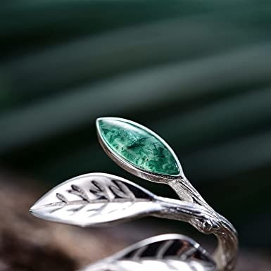 925 Sterling Silver Bentuk Marquise Jade Aventurine Daun Terbuka Cincin Daun Zaitun Cincin Perhiasan Buatan Tangan Hadiah Unik untuk Wo