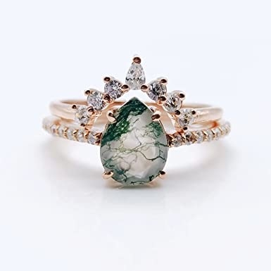 Bentuk Daun 925 Sterling Silver Pusat Batu Bridal Cincin Pertunangan Mossagate