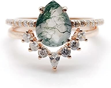Hexagon Cut Natural Moss Agate Vintage Unique Moissanite Bridal Ring Untuk Art Deco