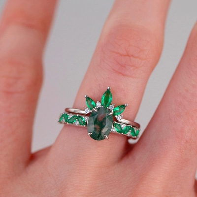 Moss Agate Emerald Ring Set, Anniversary Jewelry Gift Promise Wedding Ring