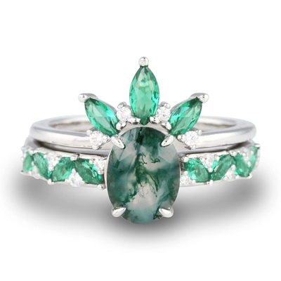Moss Agate Emerald Ring Set, Anniversary Jewelry Gift Promise Wedding Ring