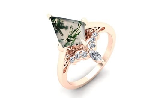 Layang-layang Bentuk Batu Lumut Alami Batu Akik Cincin Pertunangan Vintage Art Deco Hadiah Cinta