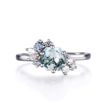 Hexagon Cut Natural Moss Agate Vintage Unique Moissanite Bridal Ring Untuk Art Deco