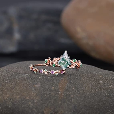 Solid Rose Gold 1.25ct Natural Inspired Leaf Moss Agate Jewelry Cluster Emerald Aquatic