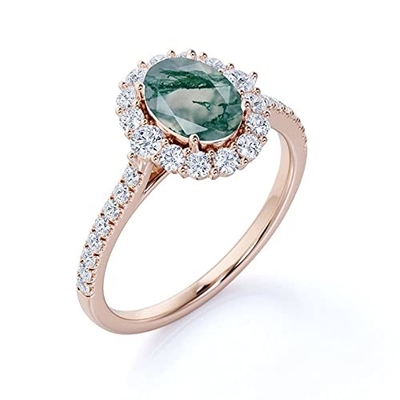 Oval Moss Agate Moissanite Diamonds Floral Halo Cincin Pertunangan Batu Permata Hijau