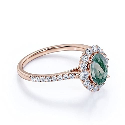 Oval Moss Agate Moissanite Diamonds Floral Halo Cincin Pertunangan Batu Permata Hijau