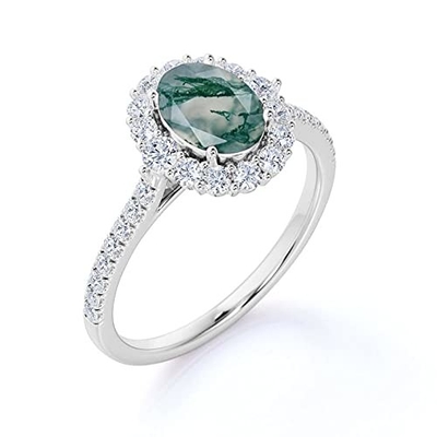 Oval Moss Agate Moissanite Diamonds Floral Halo Cincin Pertunangan Batu Permata Hijau