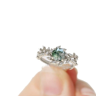 Bentuk Daun 925 Sterling Silver Pusat Batu Bridal Cincin Pertunangan Mossagate