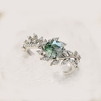 Bentuk Daun 925 Sterling Silver Pusat Batu Bridal Cincin Pertunangan Mossagate