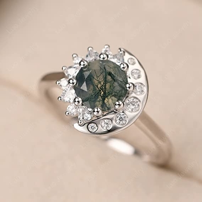 LUO S925 Sterling Silver Cincin Matahari Dan Bulan Berbentuk Bulat 7MM Untuk Wanita