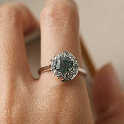 LUO S925 Sterling Silver Cincin Matahari Dan Bulan Berbentuk Bulat 7MM Untuk Wanita