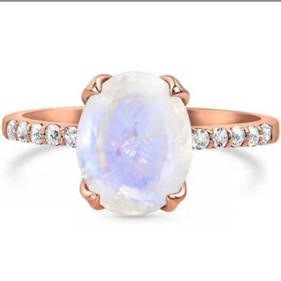 Elegan Berlapis Oval Cut Claw Pengaturan Moonstone Dengan Cincin CZ Cincin Pertunangan Wanita Anniversary