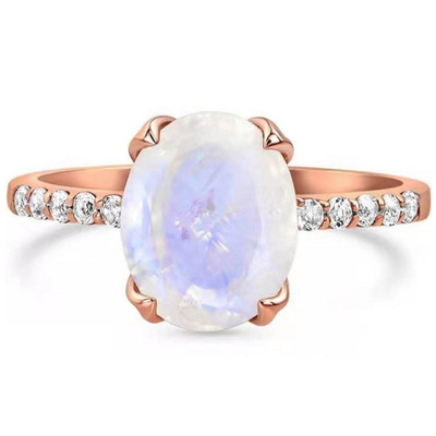 Elegan Berlapis Oval Cut Claw Pengaturan Moonstone Dengan Cincin CZ Cincin Pertunangan Wanita Anniversary