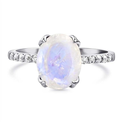 925 Sterling Silver Halo CZ Perhiasan Hexagon Natural Blue Moonstone Ring