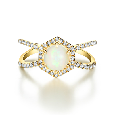 925 Sterling Silver Halo CZ Perhiasan Hexagon Natural Blue Moonstone Ring