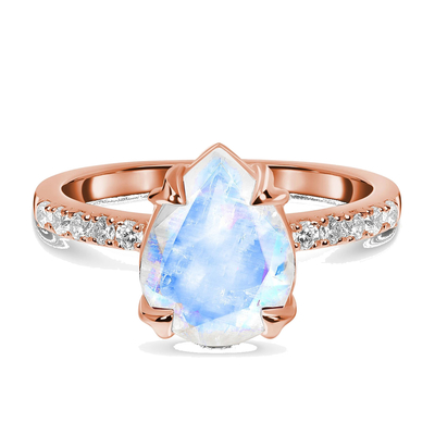 925 Sterling Silver Halo CZ Perhiasan Hexagon Natural Blue Moonstone Ring